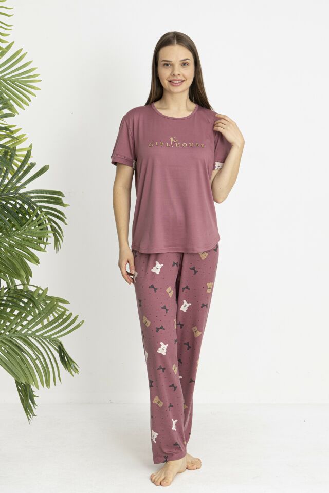 Estiva Kadın Ayıcık Alt Desenli Kısa Kollu Soft Pijama Takımı L - Pudra