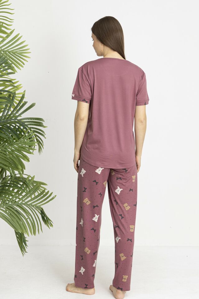 Estiva Kadın Ayıcık Alt Desenli Kısa Kollu Soft Pijama Takımı L - Pudra