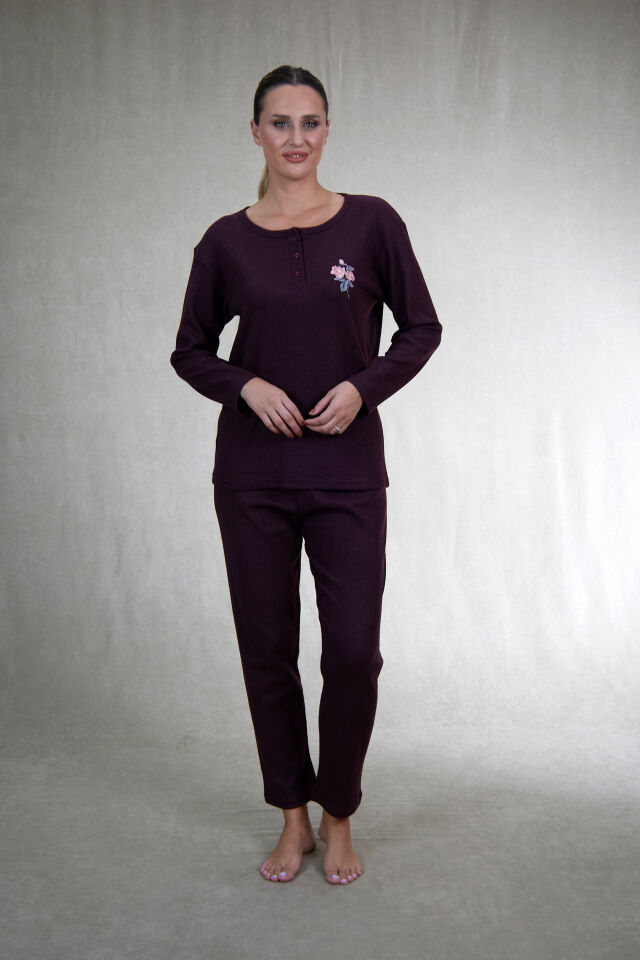 Estiva Kadın Nakış İşlemeli Patlı İnterlok Şardonlu Pijama Takımı XL - Bordo