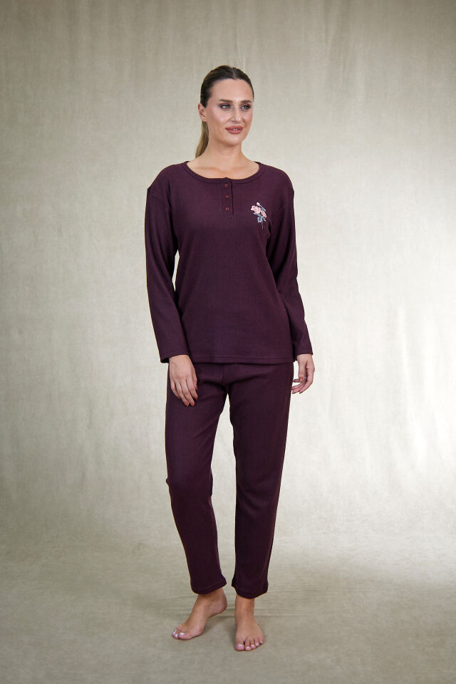 Estiva Kadın Nakış İşlemeli Patlı İnterlok Şardonlu Pijama Takımı XL - Bordo