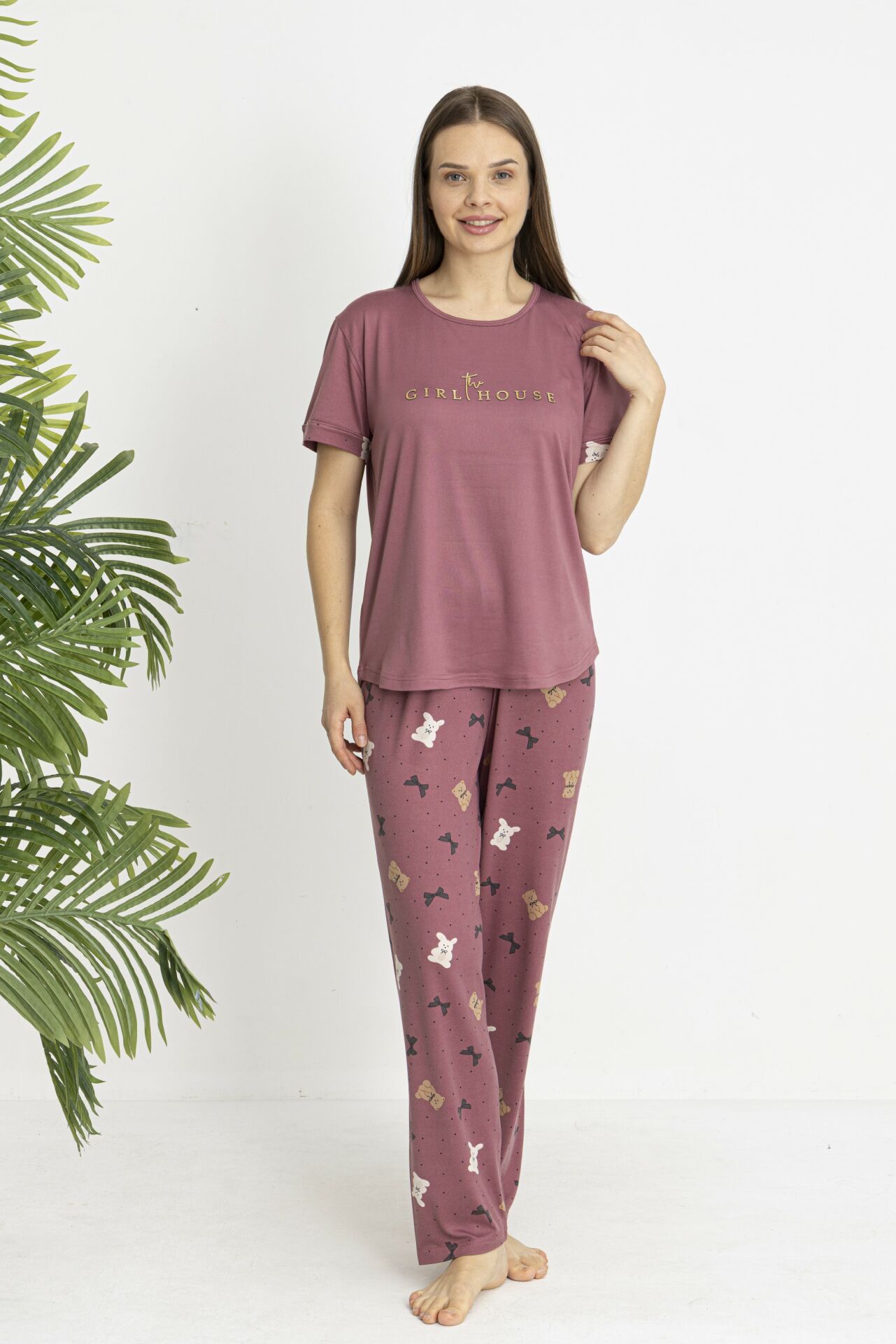 Estiva Kadın Ayıcık Alt Desenli Kısa Kollu Soft Pijama Takımı XL - Pudra