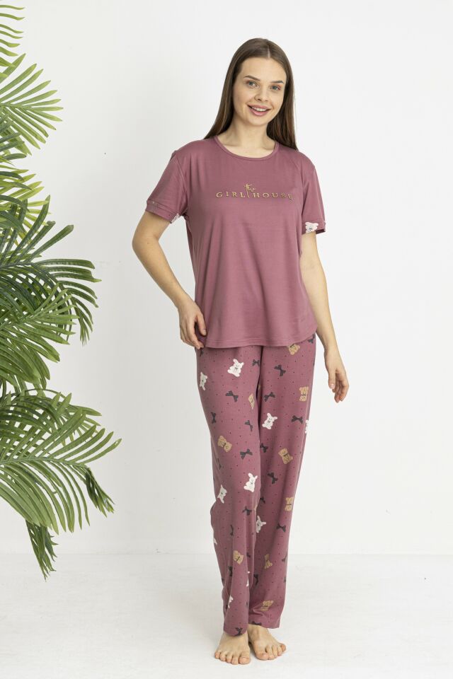 Estiva Kadın Ayıcık Alt Desenli Kısa Kollu Soft Pijama Takımı XL - Pudra