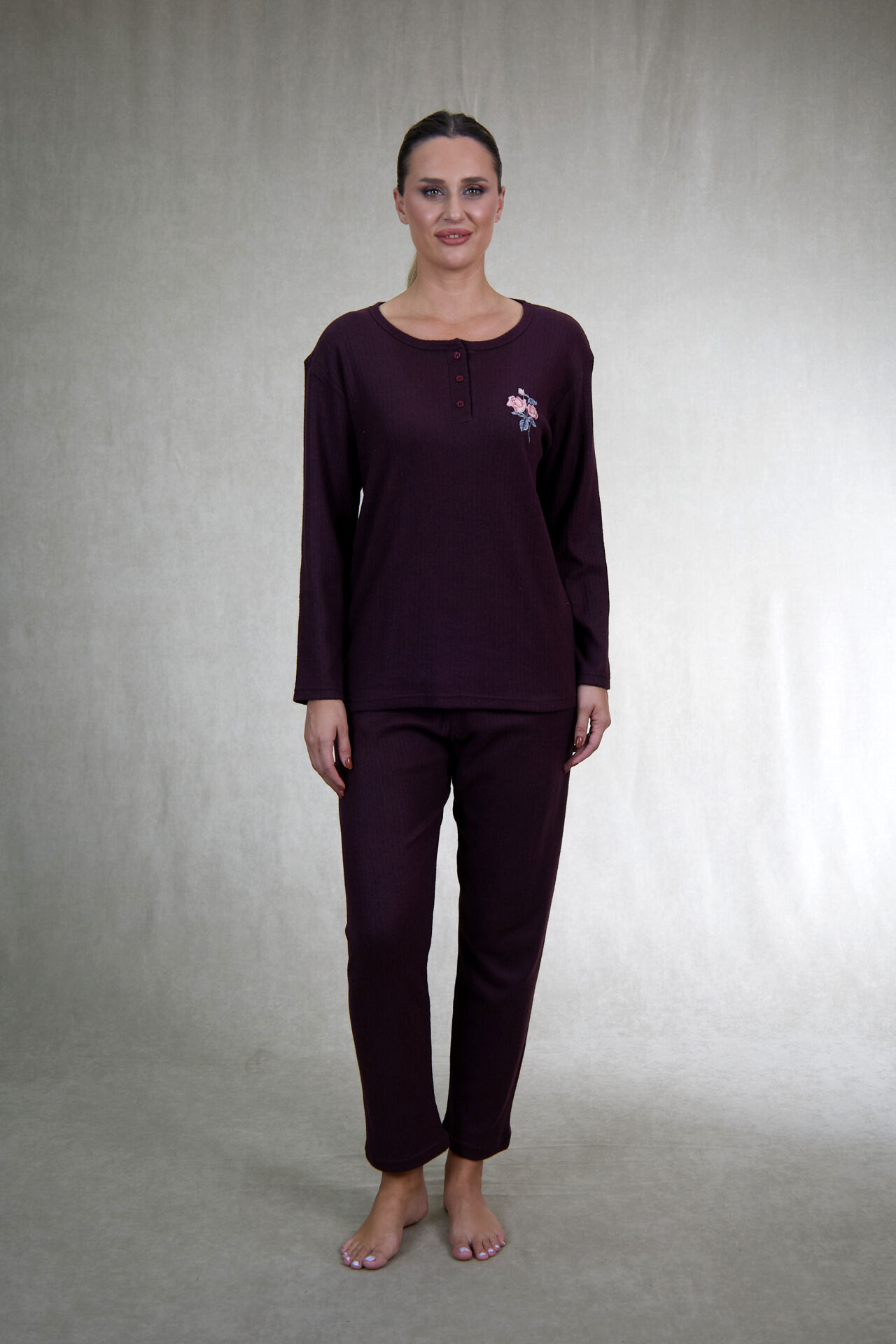 Estiva Kadın Nakış İşlemeli Patlı İnterlok Şardonlu Pijama Takımı 2XL - Bordo