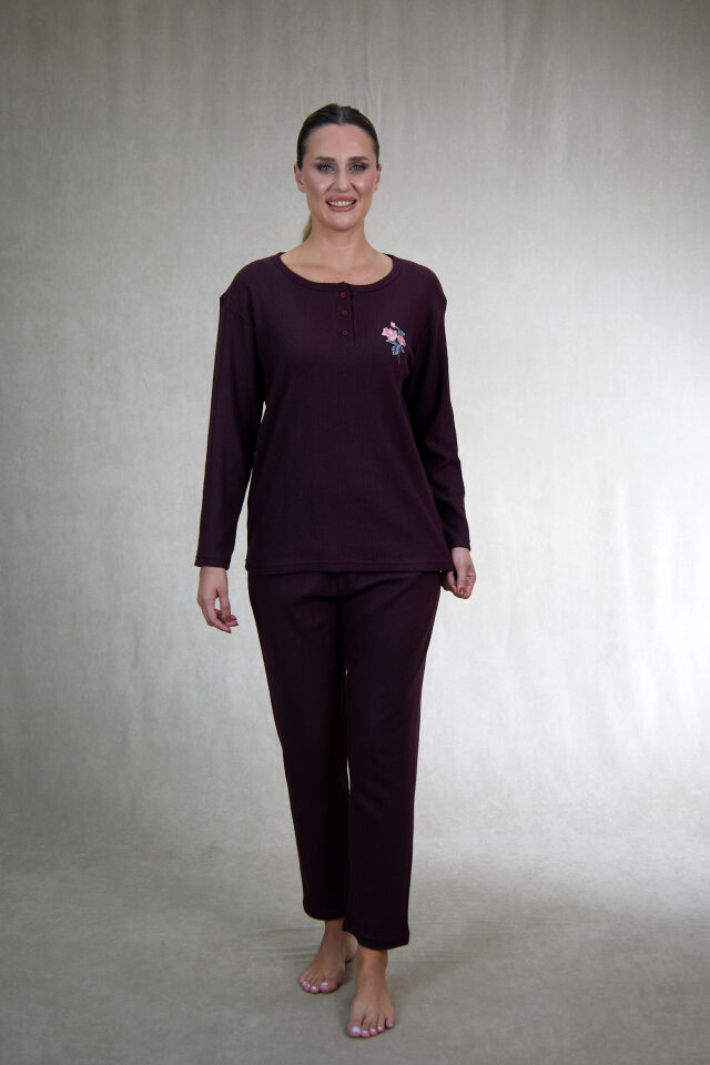 Estiva Kadın Nakış İşlemeli Patlı İnterlok Şardonlu Pijama Takımı 2XL - Bordo