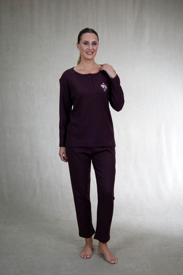 Estiva Kadın Nakış İşlemeli Patlı İnterlok Şardonlu Pijama Takımı 2XL - Bordo