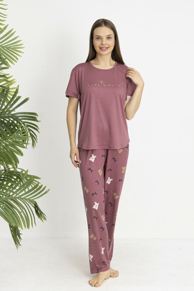 Estiva Kadın Ayıcık Alt Desenli Kısa Kollu Soft Pijama Takımı 2XL - Pudra