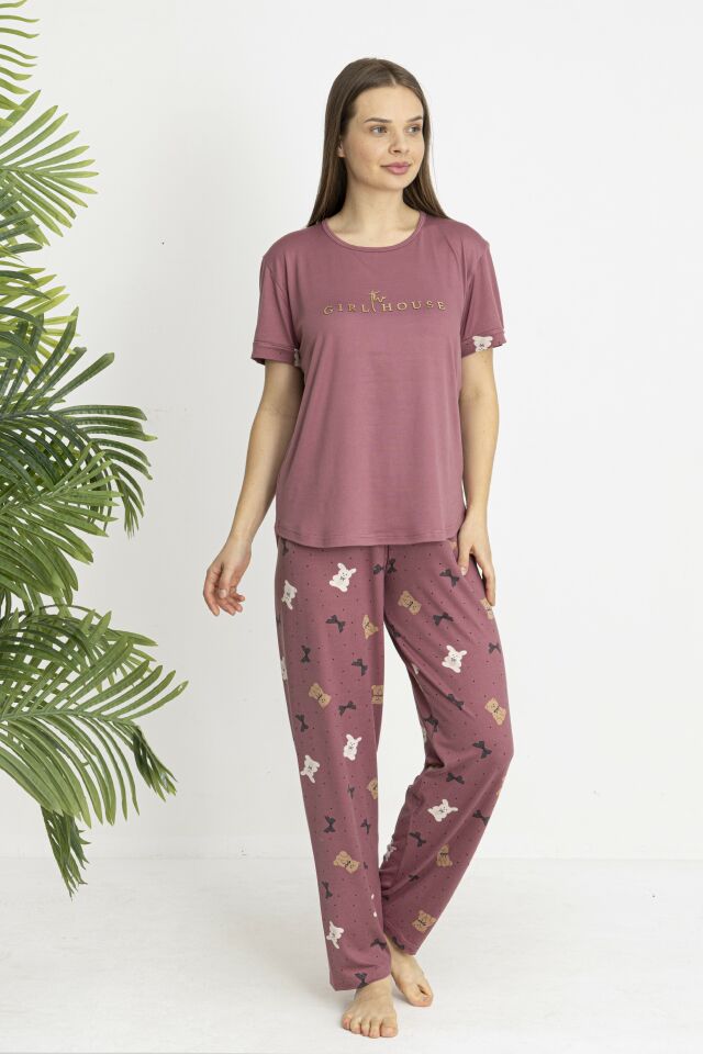 Estiva Kadın Ayıcık Alt Desenli Kısa Kollu Soft Pijama Takımı 2XL - Pudra