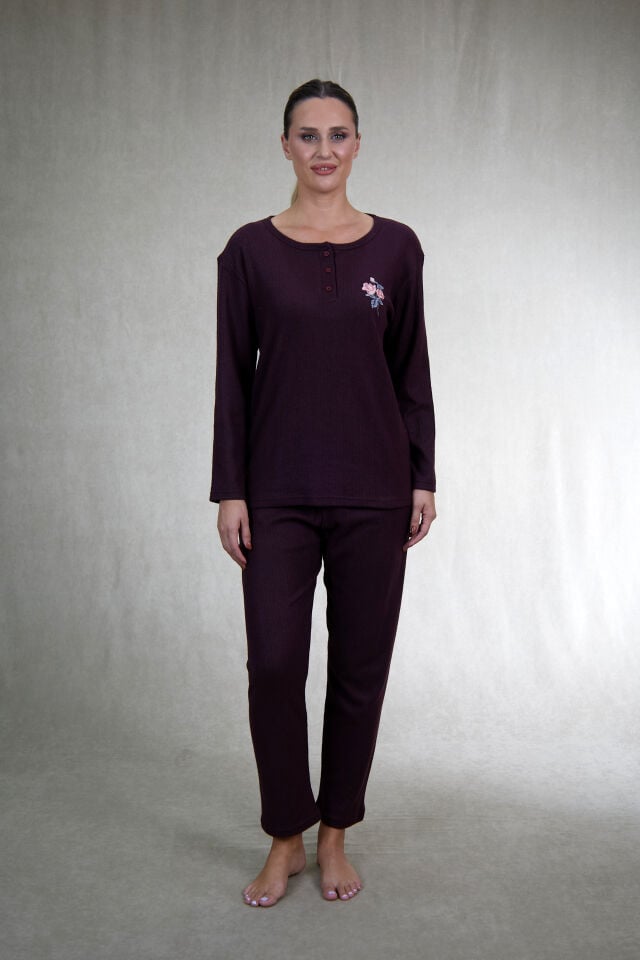 Estiva Kadın Nakış İşlemeli Patlı İnterlok Şardonlu Pijama Takımı 3XL - Bordo