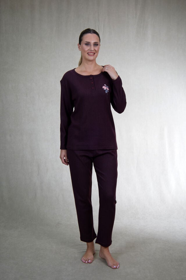 Estiva Kadın Nakış İşlemeli Patlı İnterlok Şardonlu Pijama Takımı 3XL - Bordo