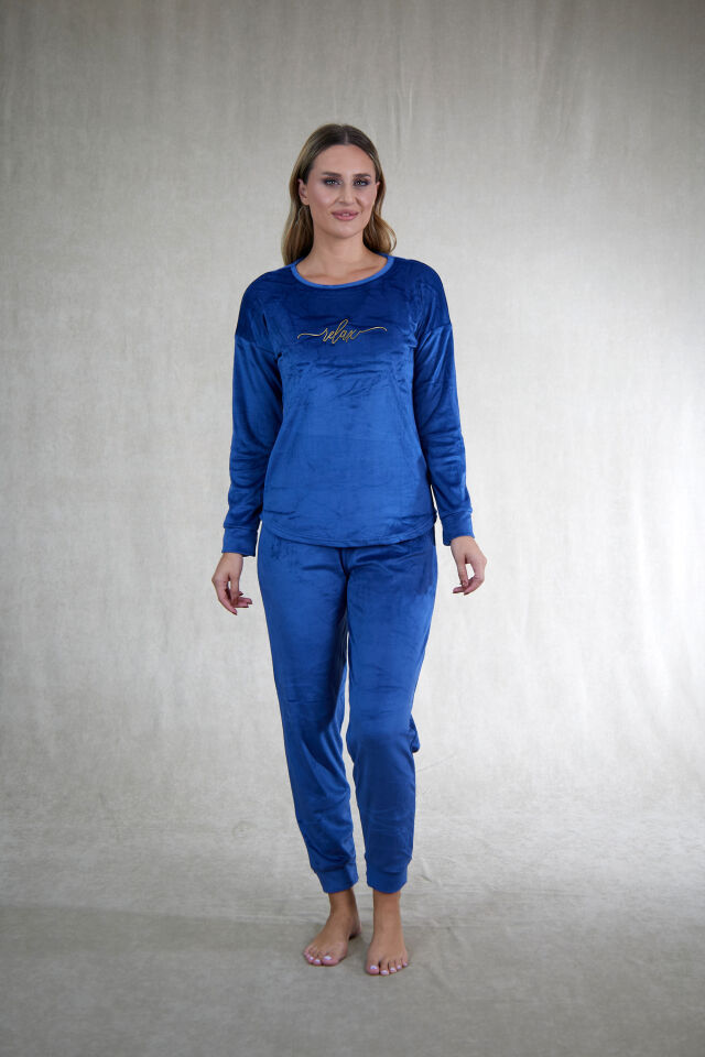 Kadın Kışlık Kadife Pijama Takımı M - İNDİGO