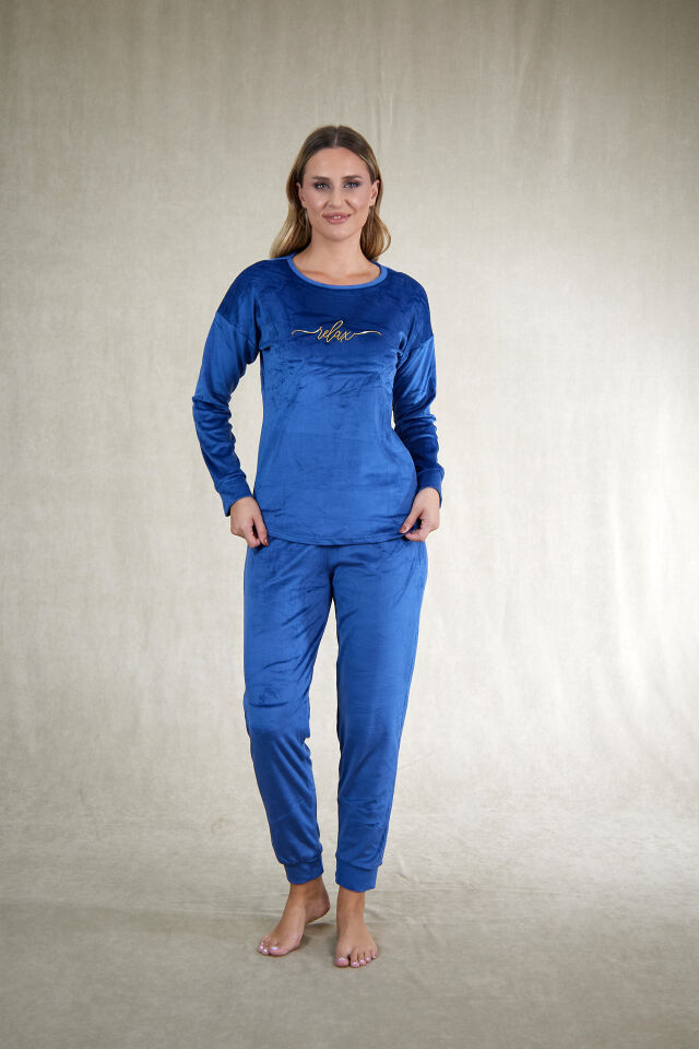 Kadın Kışlık Kadife Pijama Takımı M - İNDİGO