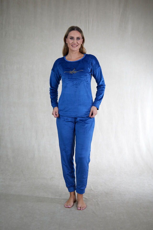 Kadın Kışlık Kadife Pijama Takımı M - İNDİGO