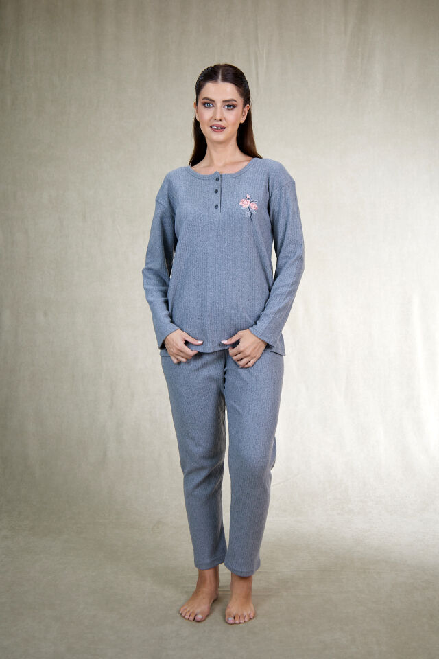 Estiva Kadın Nakış İşlemeli Patlı İnterlok Şardonlu Pijama Takımı L - Gri