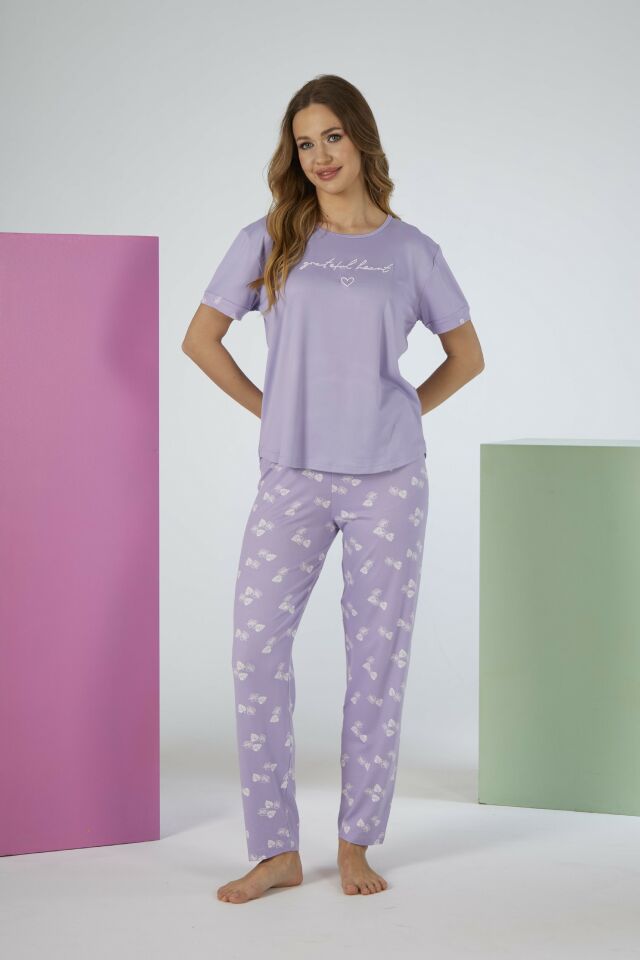 Estiva Kadın Yaprak Alt Desenli Kısa Kollu Soft Pijama Takımı