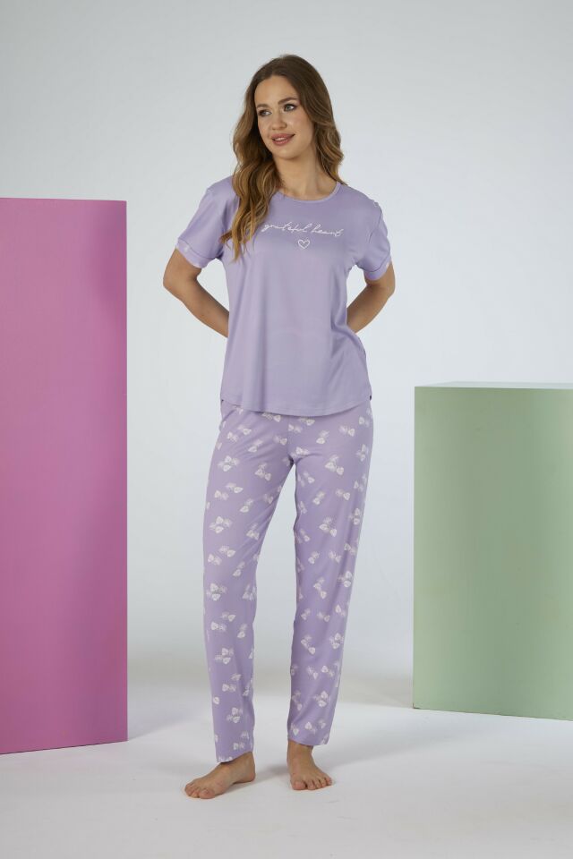 Estiva Kadın Yaprak Alt Desenli Kısa Kollu Soft Pijama Takımı