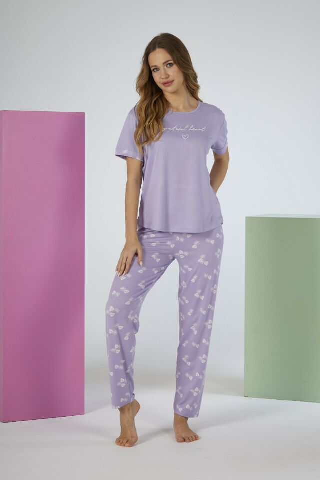 Estiva Kadın Yaprak Alt Desenli Kısa Kollu Soft Pijama Takımı