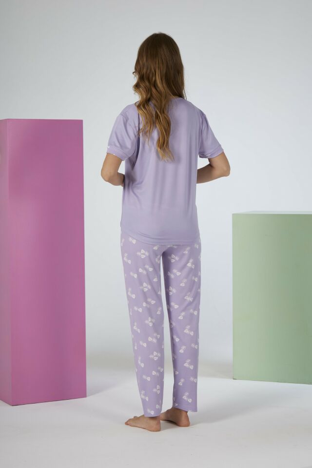 Estiva Kadın Yaprak Alt Desenli Kısa Kollu Soft Pijama Takımı