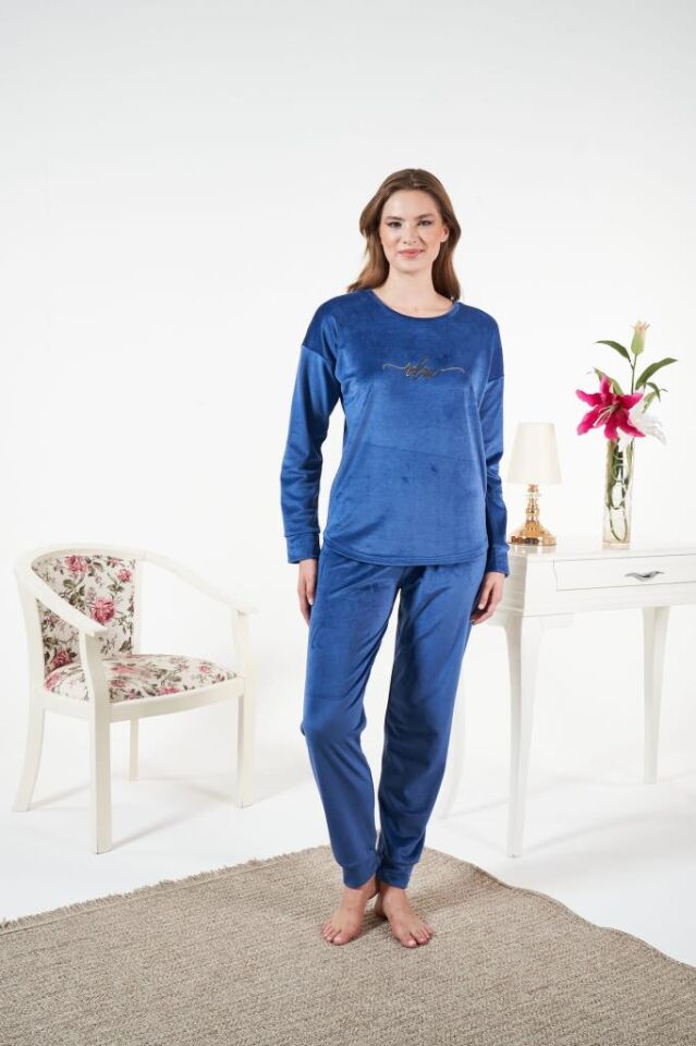 Kadın Kışlık Kadife Pijama Takımı L - İNDİGO