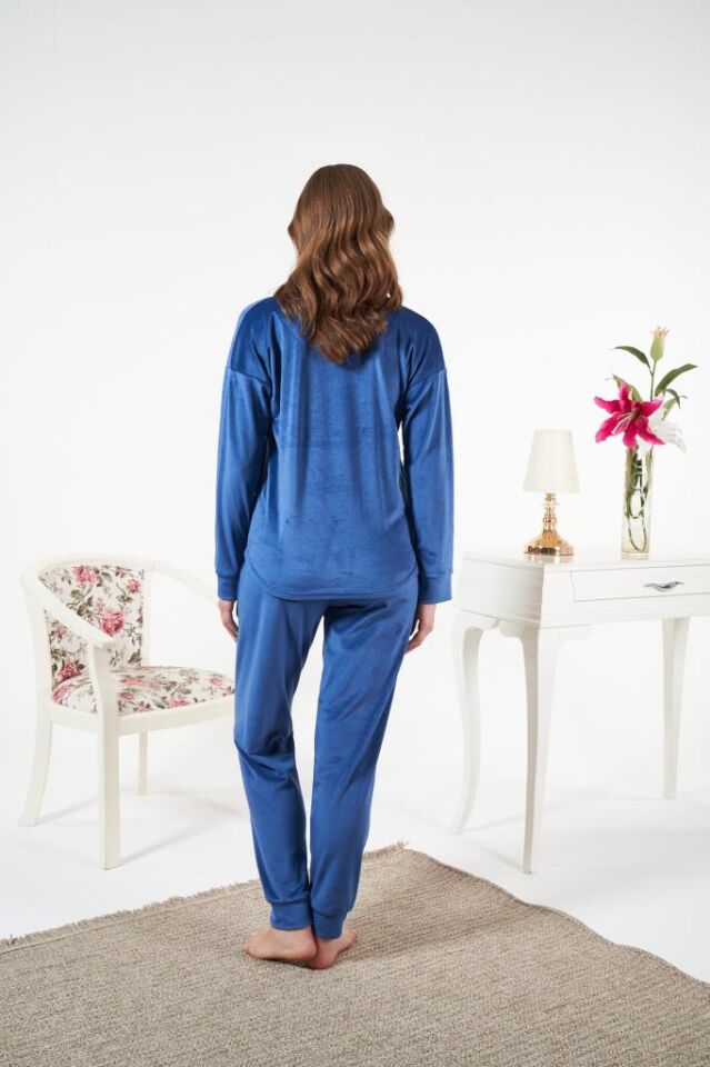 Kadın Kışlık Kadife Pijama Takımı L - İNDİGO