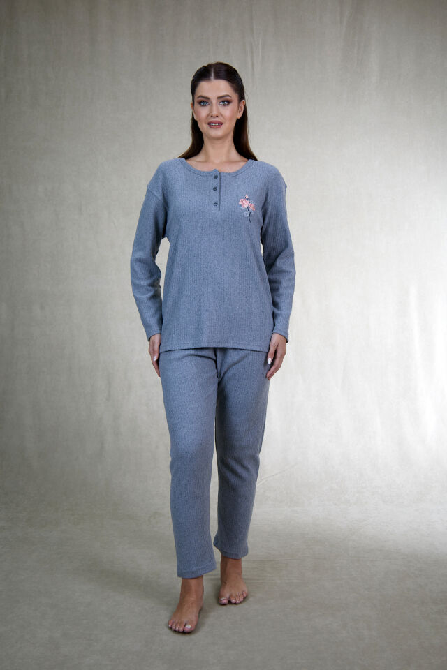 Estiva Kadın Nakış İşlemeli Patlı İnterlok Şardonlu Pijama Takımı XL - Gri