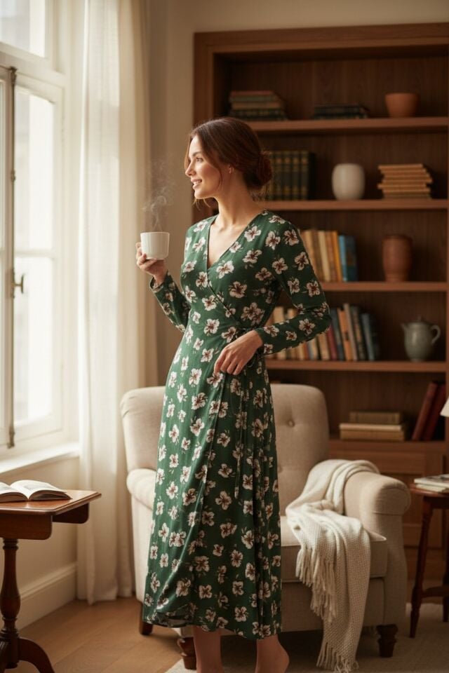 Estiva Kadın Desenli Uzun Kollu Bağcıklı Lycra Viskon Namaz Elbisesi