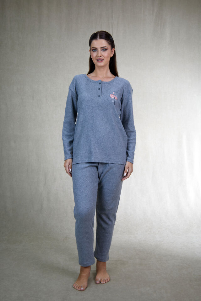 Estiva Kadın Nakış İşlemeli Patlı İnterlok Şardonlu Pijama Takımı 2XL - Gri