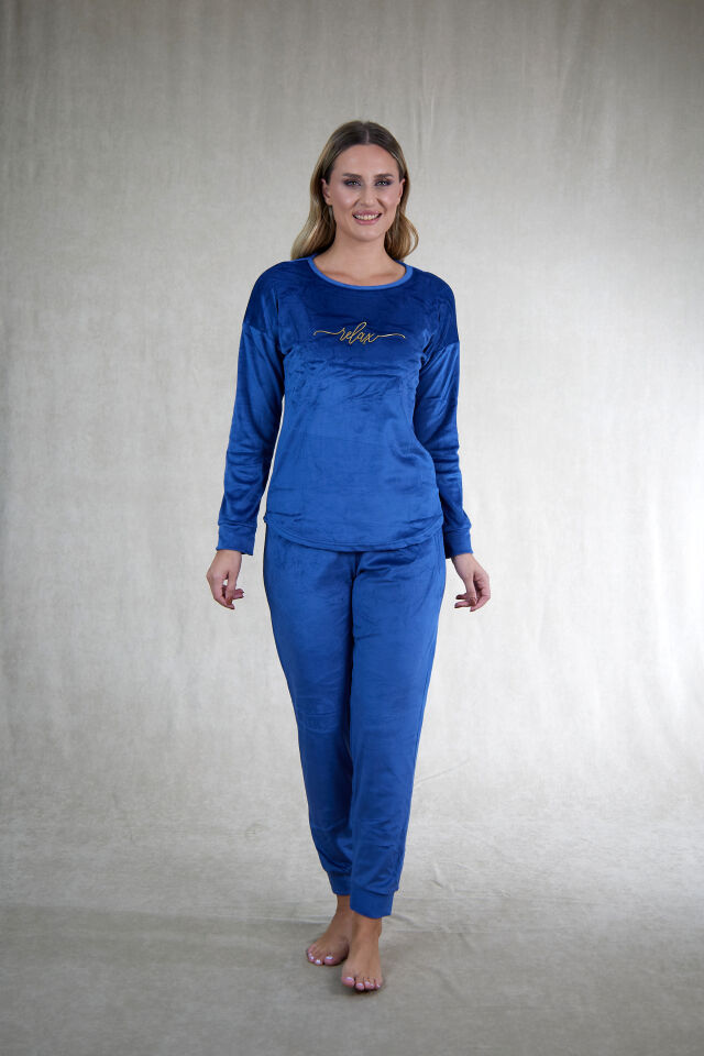 Kadın Kışlık Kadife Pijama Takımı 2XL - İNDİGO