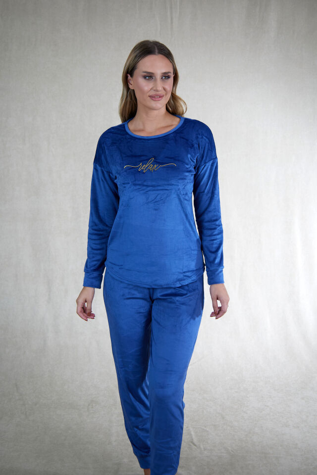 Kadın Kışlık Kadife Pijama Takımı 2XL - İNDİGO