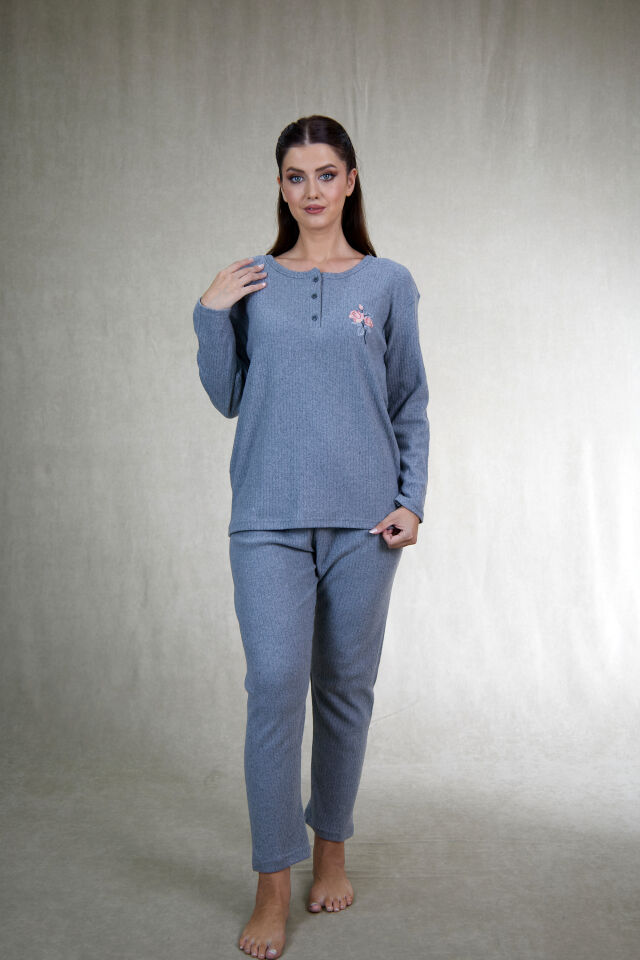 Estiva Kadın Nakış İşlemeli Patlı İnterlok Şardonlu Pijama Takımı 3XL - Gri