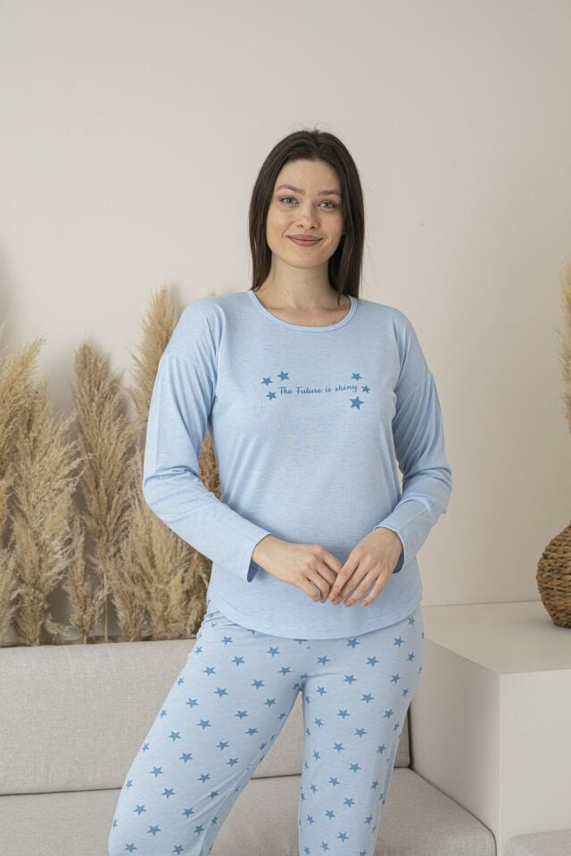Kadın Yazlık Yıldız Desenli Uzun Kollu Viskon Pijama Takımı