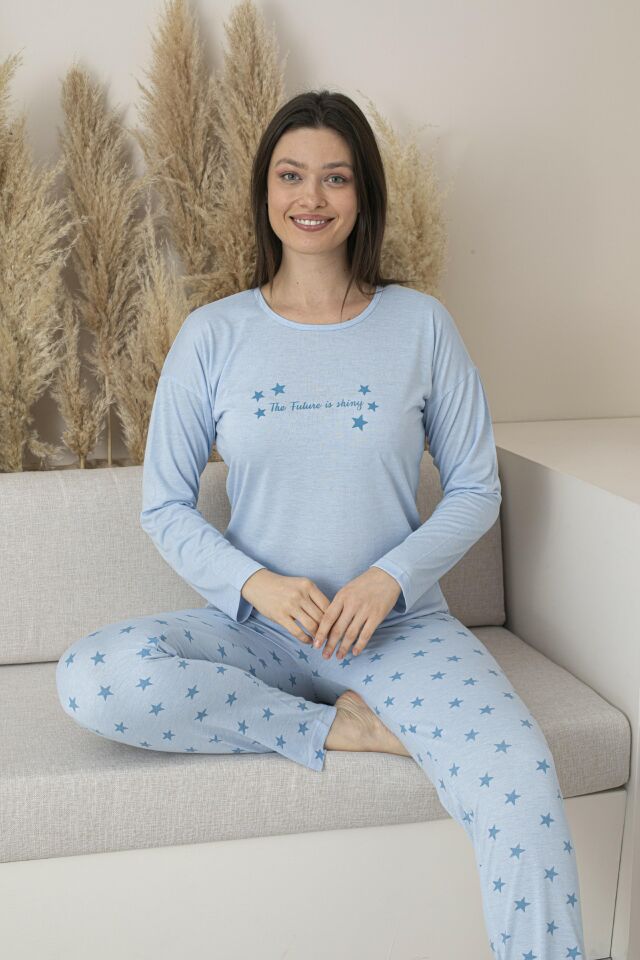 Kadın Yazlık Yıldız Desenli Uzun Kollu Viskon Pijama Takımı
