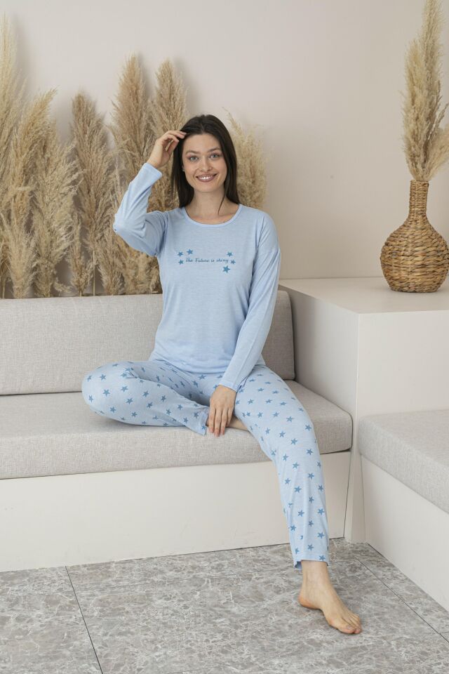 Kadın Yazlık Yıldız Desenli Uzun Kollu Viskon Pijama Takımı