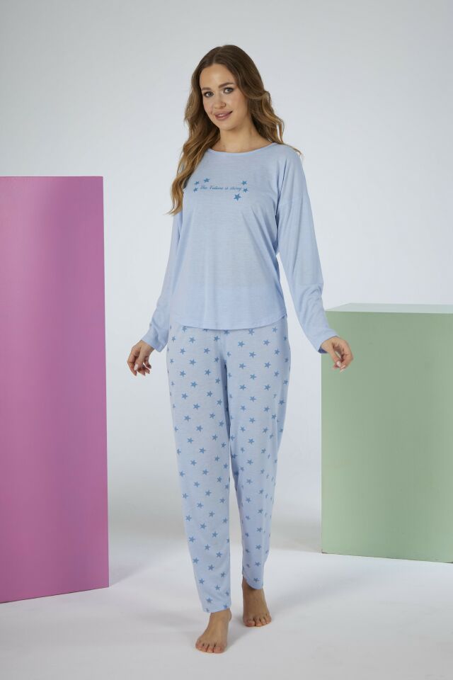 Kadın Yazlık Yıldız Desenli Uzun Kollu Viskon Pijama Takımı M - Mavi