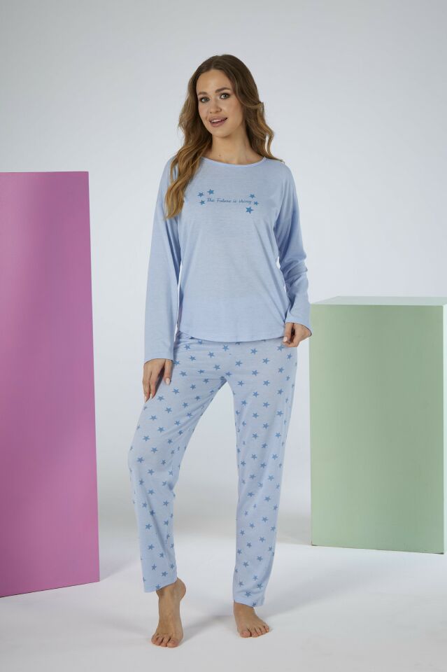 Kadın Yazlık Yıldız Desenli Uzun Kollu Viskon Pijama Takımı M - Mavi