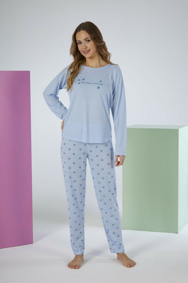 Kadın Yazlık Yıldız Desenli Uzun Kollu Viskon Pijama Takımı M - Mavi