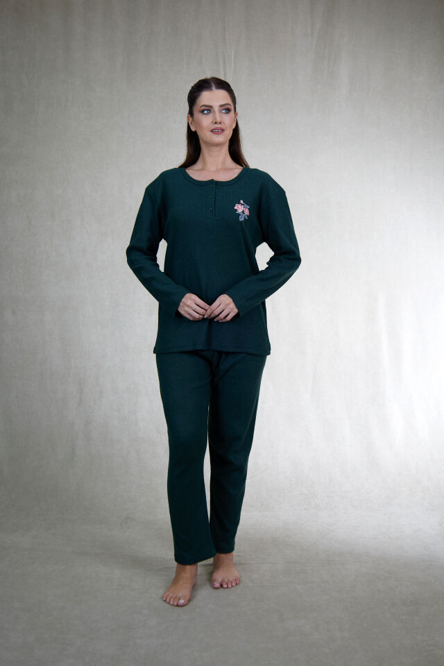 Estiva Kadın Nakış İşlemeli Patlı İnterlok Şardonlu Pijama Takımı XL - Haki