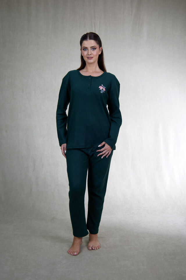 Estiva Kadın Nakış İşlemeli Patlı İnterlok Şardonlu Pijama Takımı XL - Haki