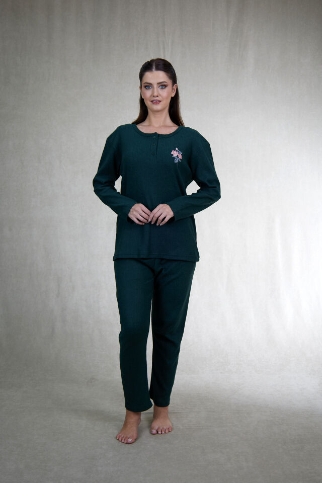 Estiva Kadın Nakış İşlemeli Patlı İnterlok Şardonlu Pijama Takımı XL - Haki