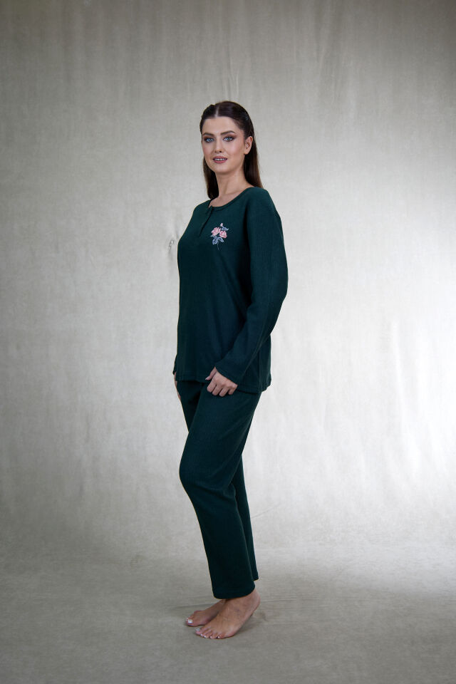 Estiva Kadın Nakış İşlemeli Patlı İnterlok Şardonlu Pijama Takımı XL - Haki