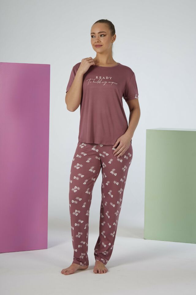 Estiva Kadın Yaprak Alt Desenli Kısa Kollu Soft Pijama Takımı M - Pudra