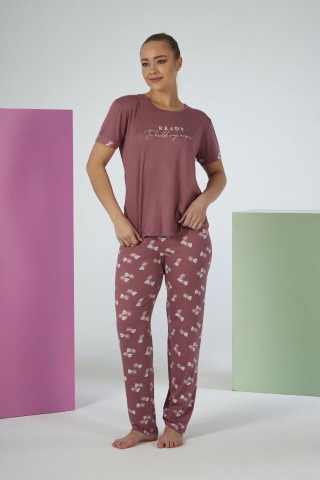 Estiva Kadın Yaprak Alt Desenli Kısa Kollu Soft Pijama Takımı M - Pudra