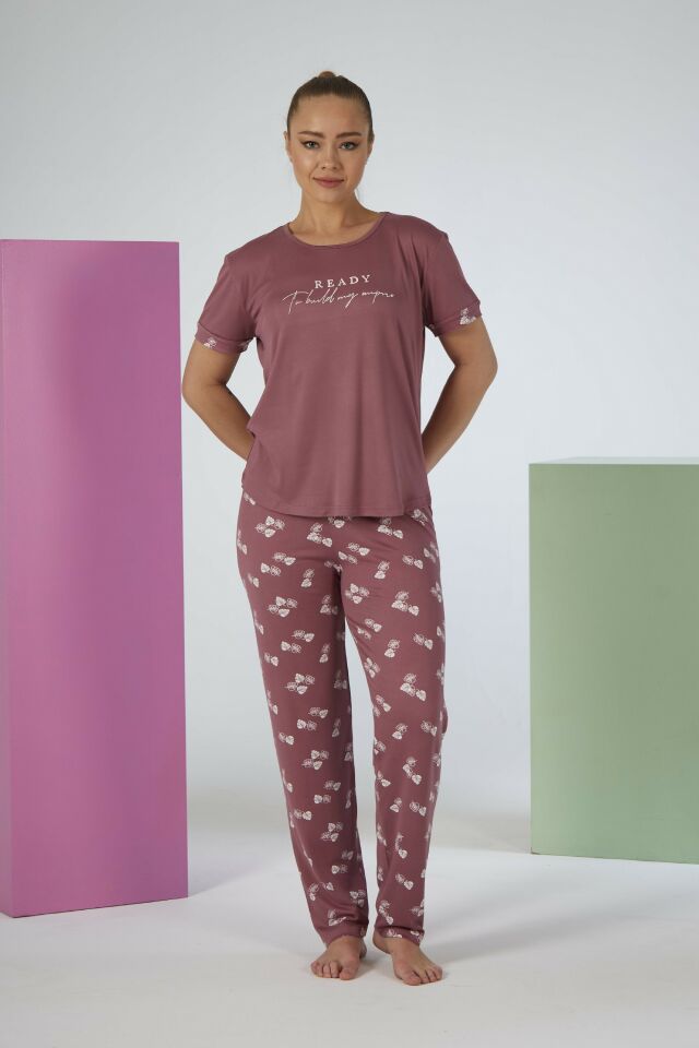 Estiva Kadın Yaprak Alt Desenli Kısa Kollu Soft Pijama Takımı M - Pudra