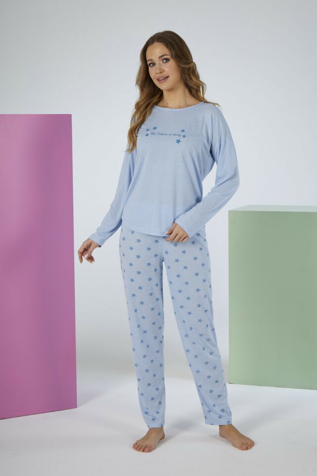 Kadın Yazlık Yıldız Desenli Uzun Kollu Viskon Pijama Takımı L - Mavi