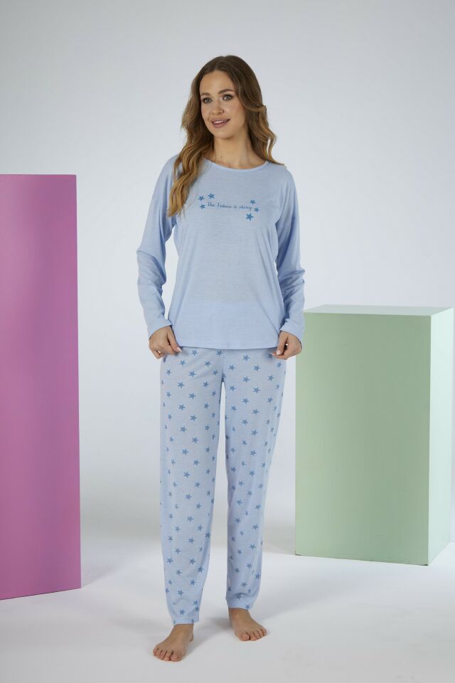 Kadın Yazlık Yıldız Desenli Uzun Kollu Viskon Pijama Takımı L - Mavi