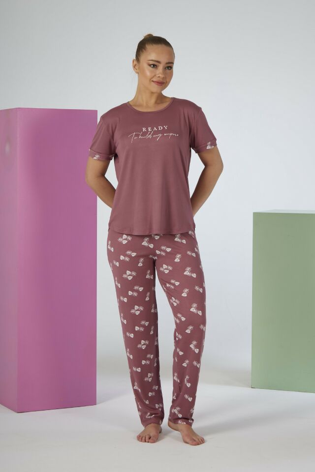 Estiva Kadın Yaprak Alt Desenli Kısa Kollu Soft Pijama Takımı L - Pudra