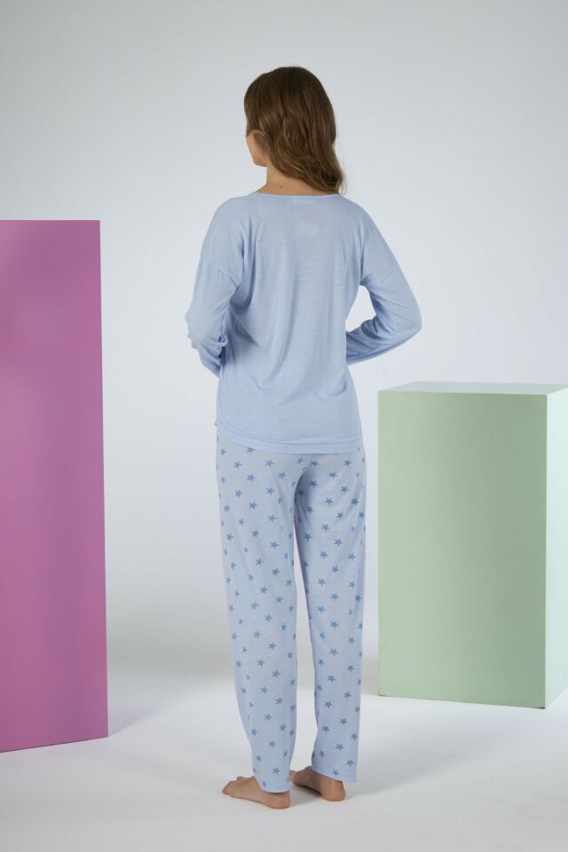 Kadın Yazlık Yıldız Desenli Uzun Kollu Viskon Pijama Takımı XL - Mavi