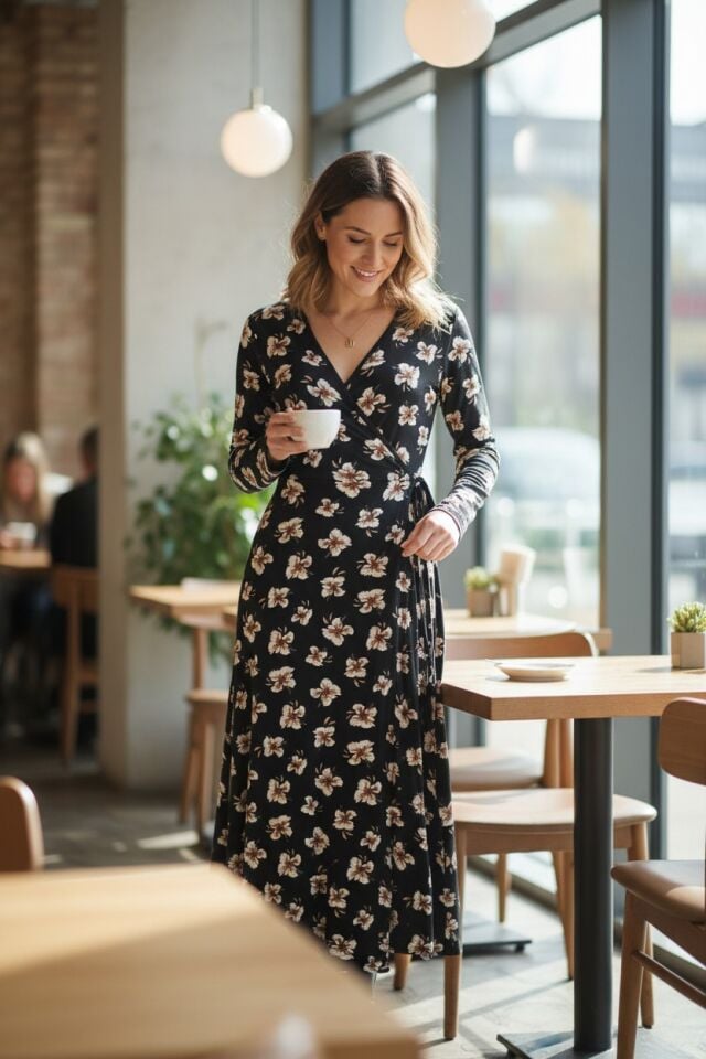 Estiva Kadın Desenli Uzun Kollu Bağcıklı Lycra Viskon Namaz Elbisesi