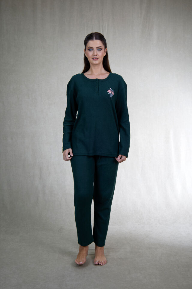 Estiva Kadın Nakış İşlemeli Patlı İnterlok Şardonlu Pijama Takımı 3XL - Haki