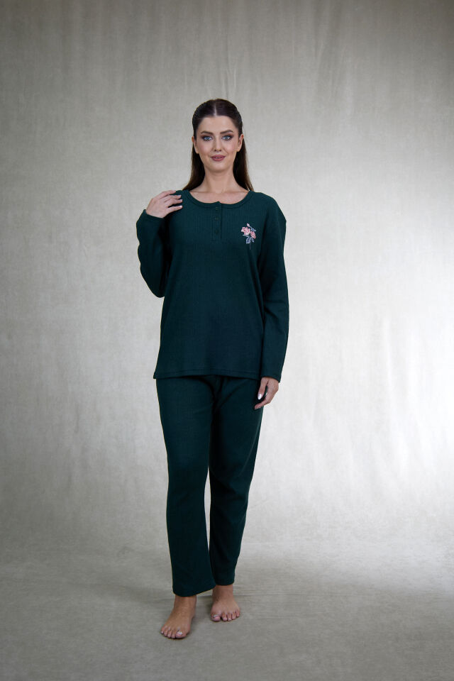 Estiva Kadın Nakış İşlemeli Patlı İnterlok Şardonlu Pijama Takımı 3XL - Haki