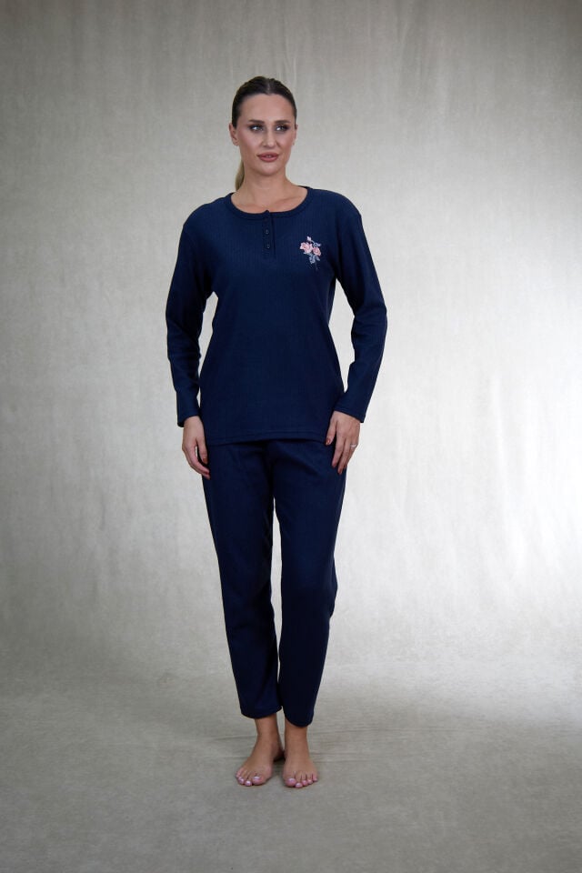 Estiva Kadın Nakış İşlemeli Patlı İnterlok Şardonlu Pijama Takımı Lacivert - L